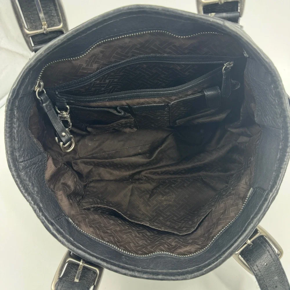 Cole Haan Black Pebbled Leather Tote Bag Silver Buckle Accent Shoulder Bag - Picture 9 of 14